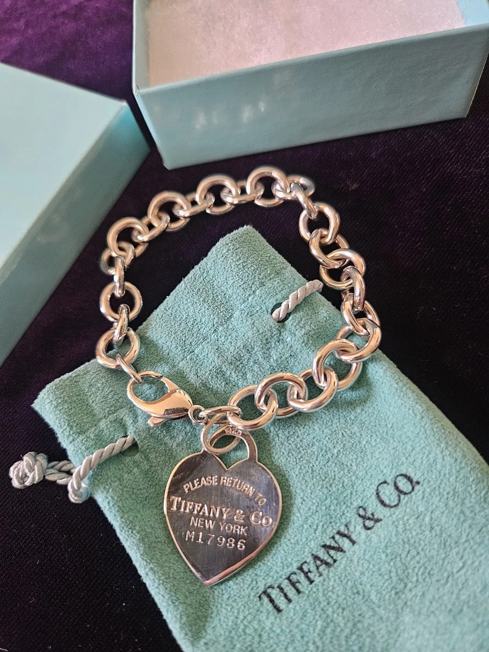 Tiffany & Co. Sterling Silver Heart Tag Link Bracelet with Blue Pouch - Picture 2 of 9